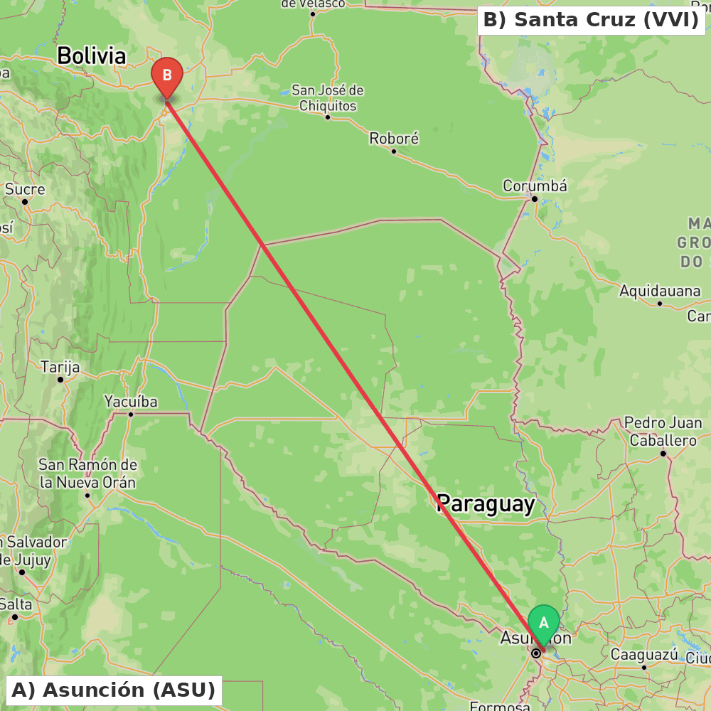 Flight route map from Asunción to Santa Cruz