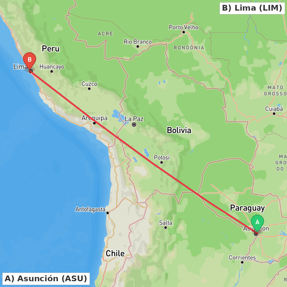 Flight route map from Asunción to Lima
