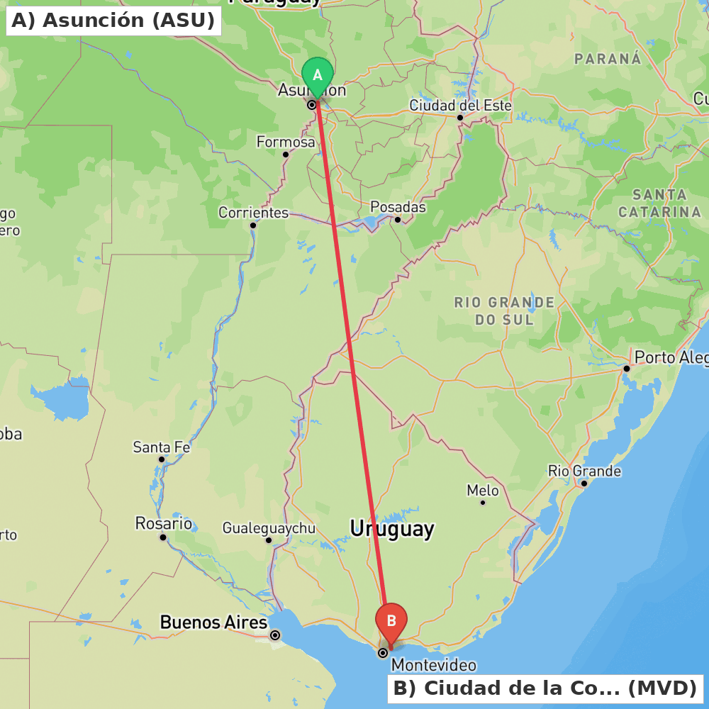 Flight route map from Asunción to Ciudad de la Costa