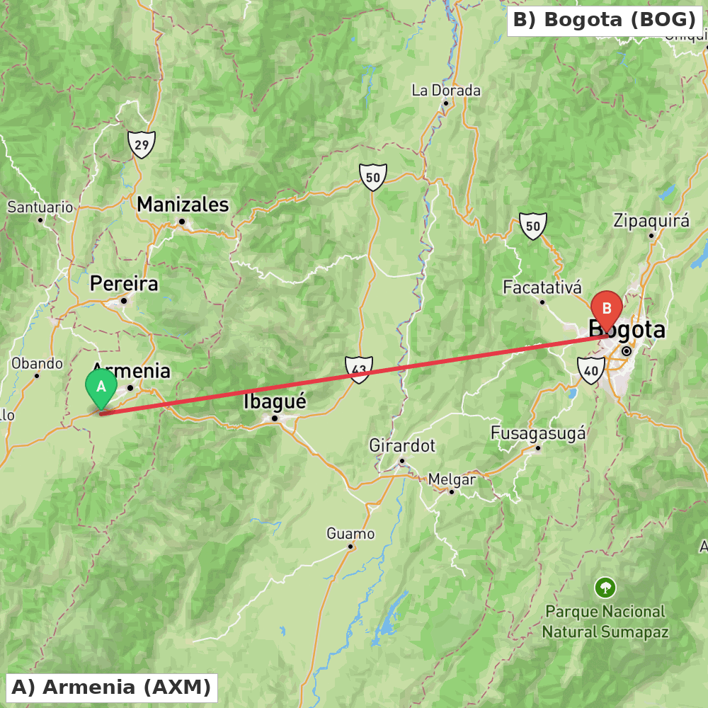 Flight route map from Armenia to Bogota