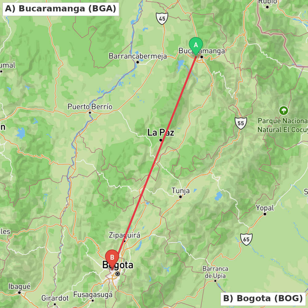 Flight route map from Bucaramanga to Bogota