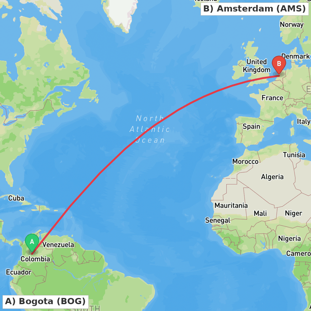 Flight route map from Bogota to Amsterdam