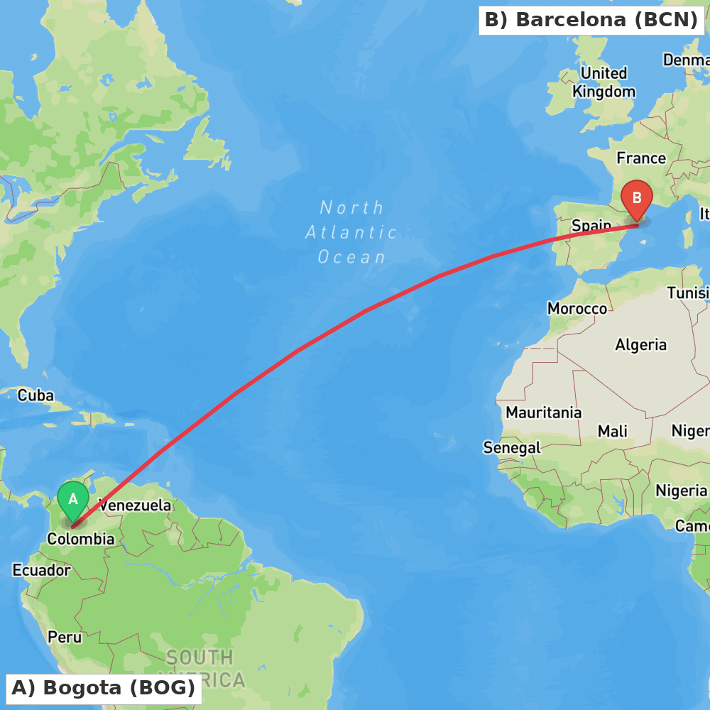 Flight route map from Bogota to Barcelona