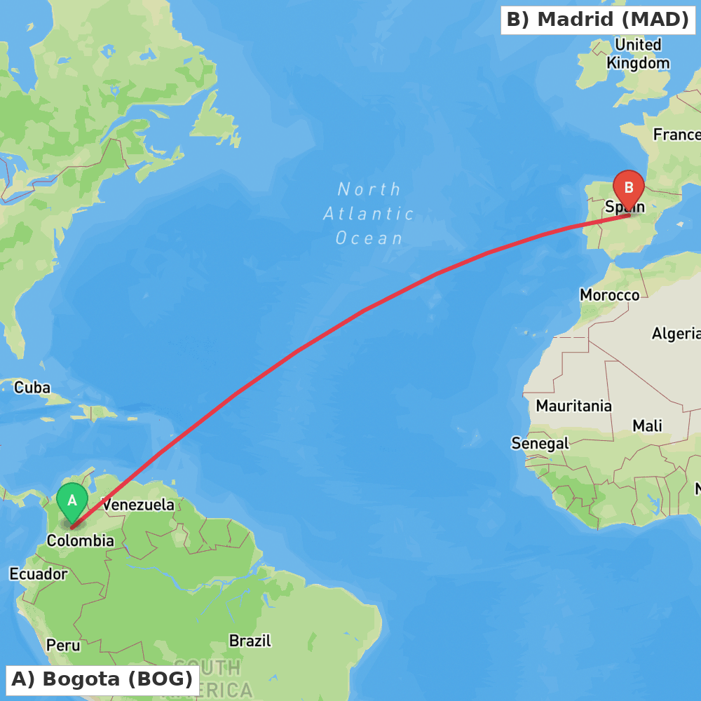 Flight route map from Bogota to Madrid