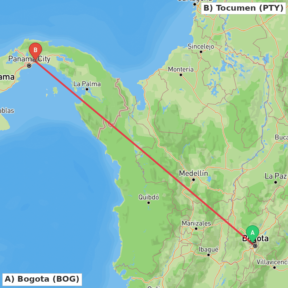 Flight route map from Bogota to Tocumen