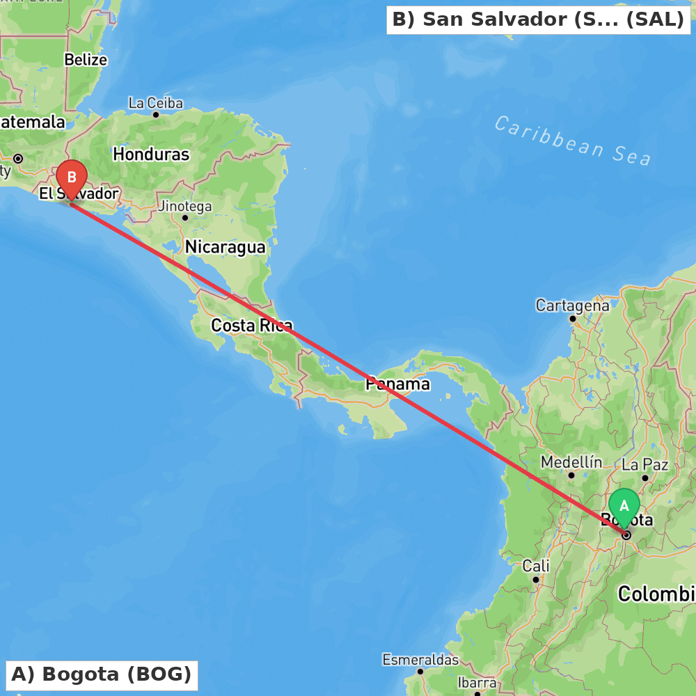 Flight route map from Bogota to San Salvador (San Luis Talpa)