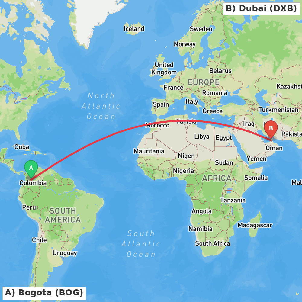 Flight route map from Bogota to Dubai