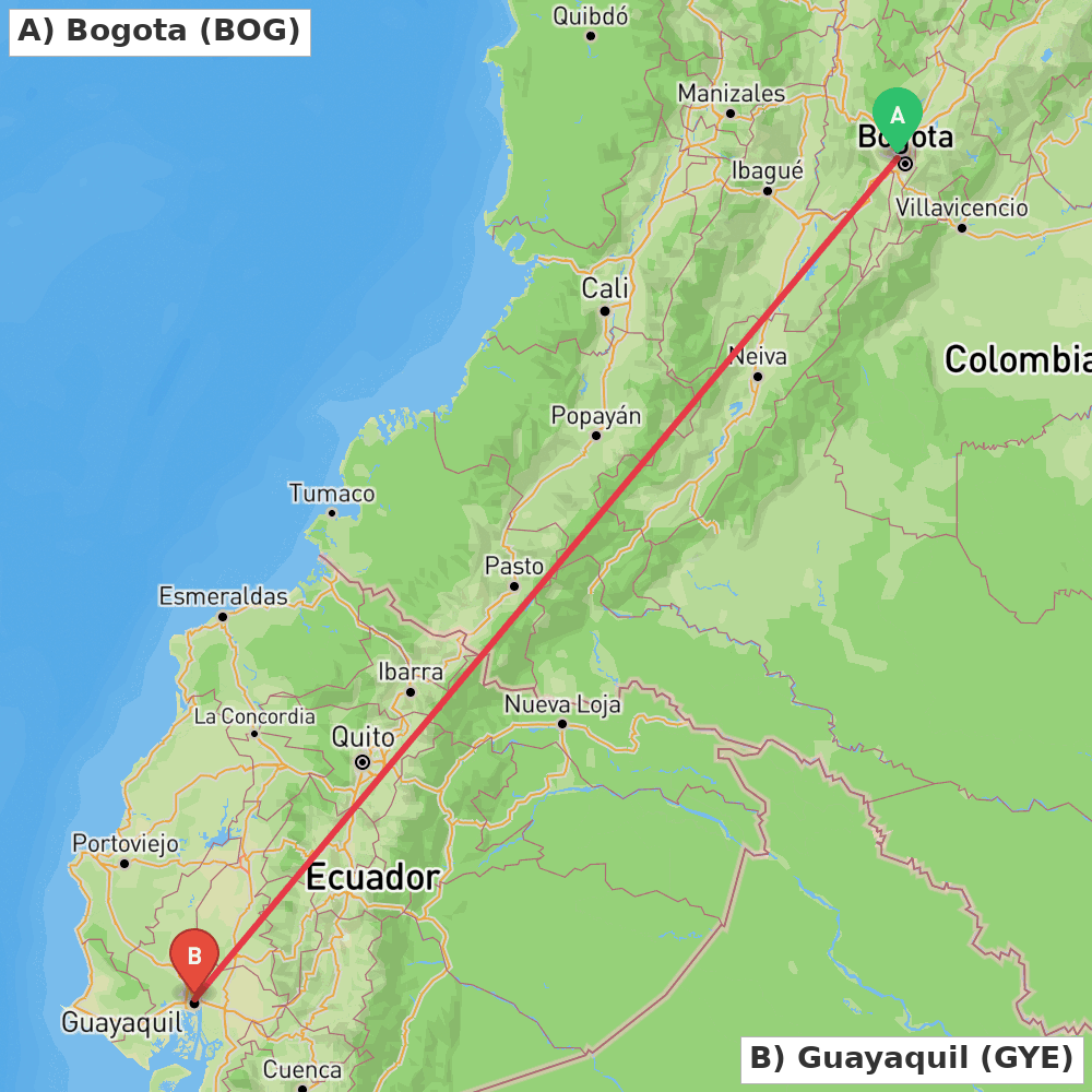 Flight route map from Bogota to Guayaquil