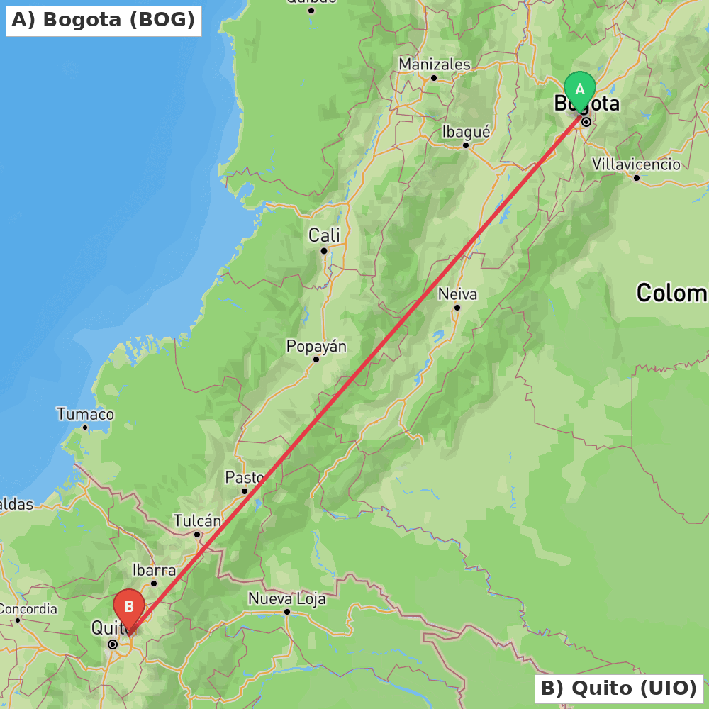 Flight route map from Bogota to Quito