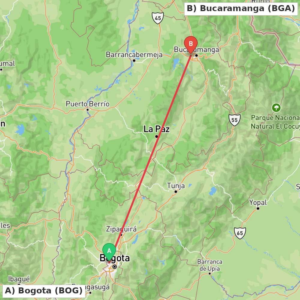 Flight route map from Bogota to Bucaramanga