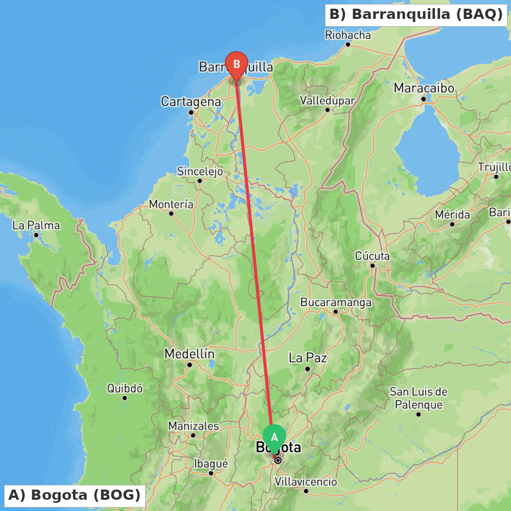 Flight route map from Bogota to Barranquilla