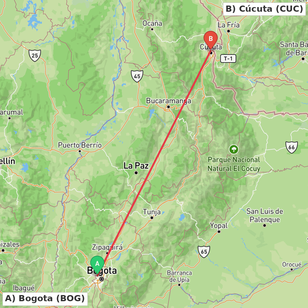 Flight route map from Bogota to Cúcuta
