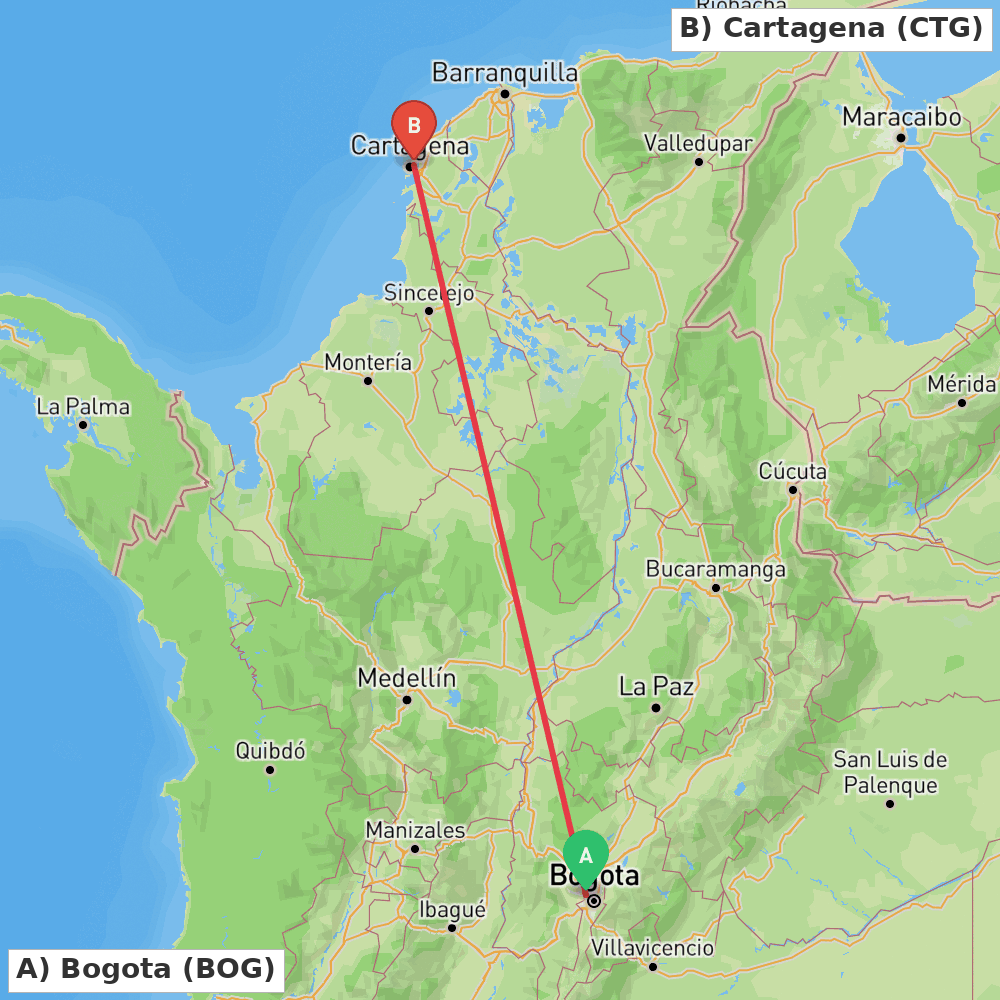 Flight route map from Bogota to Cartagena
