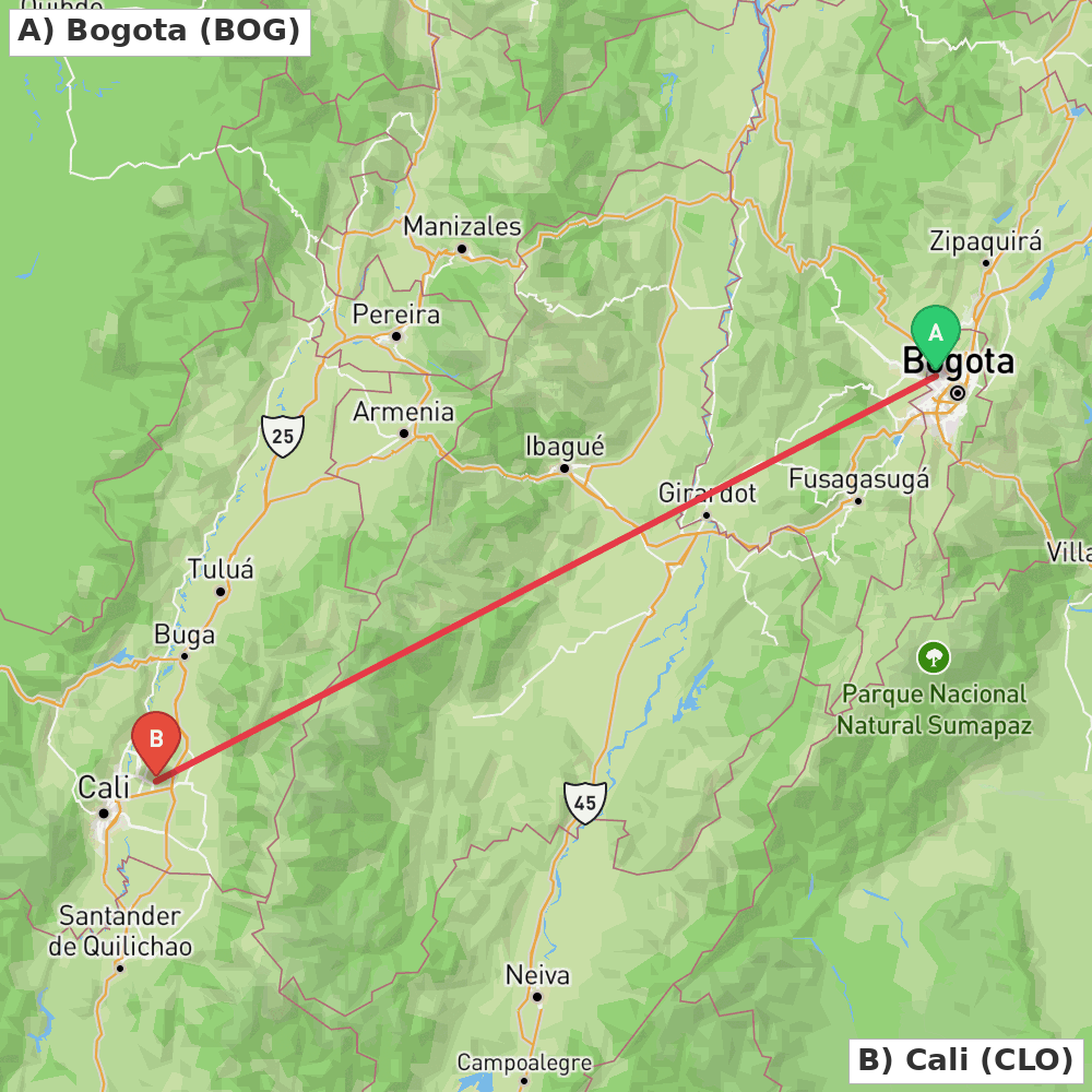 Flight route map from Bogota to Cali