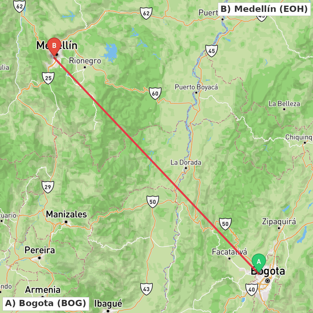 Flight route map from Bogota to Medellín