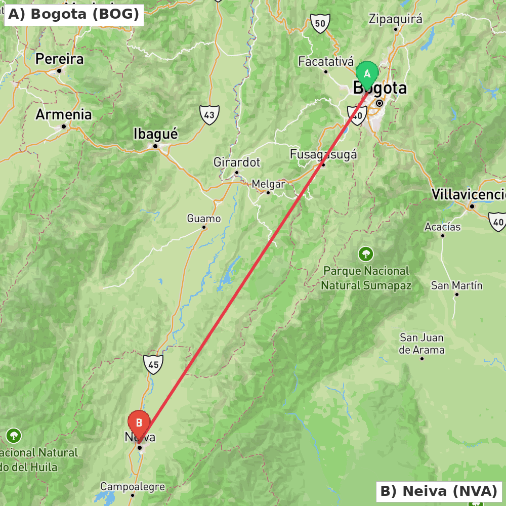 Flight route map from Bogota to Neiva