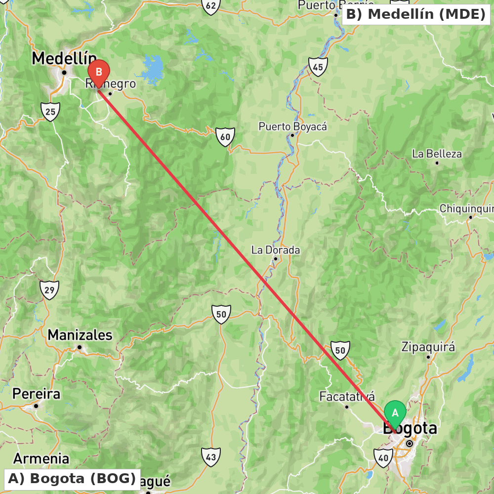 Flight route map from Bogota to Medellín