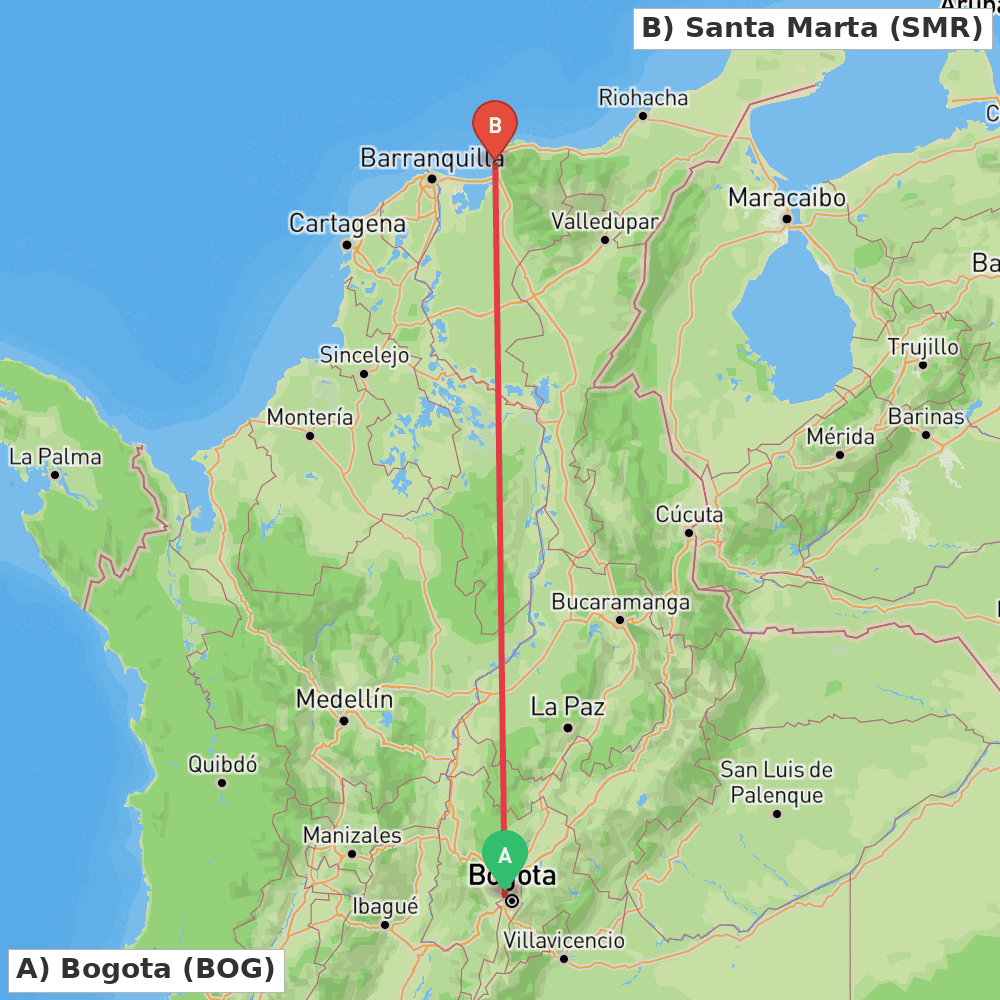 Flight route map from Bogota to Santa Marta