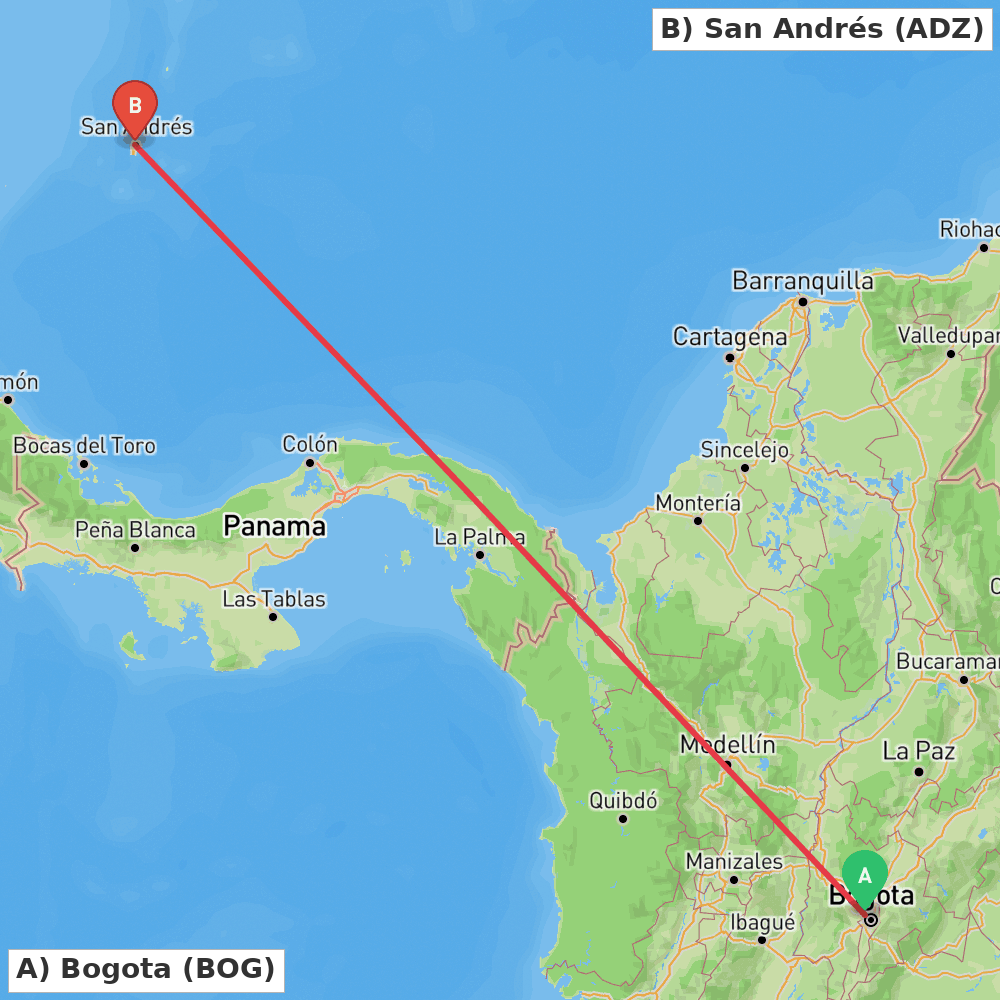 Flight route map from Bogota to San Andrés