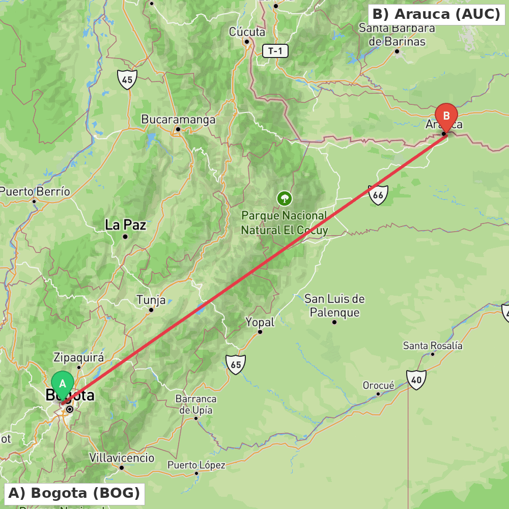 Flight route map from Bogota to Arauca