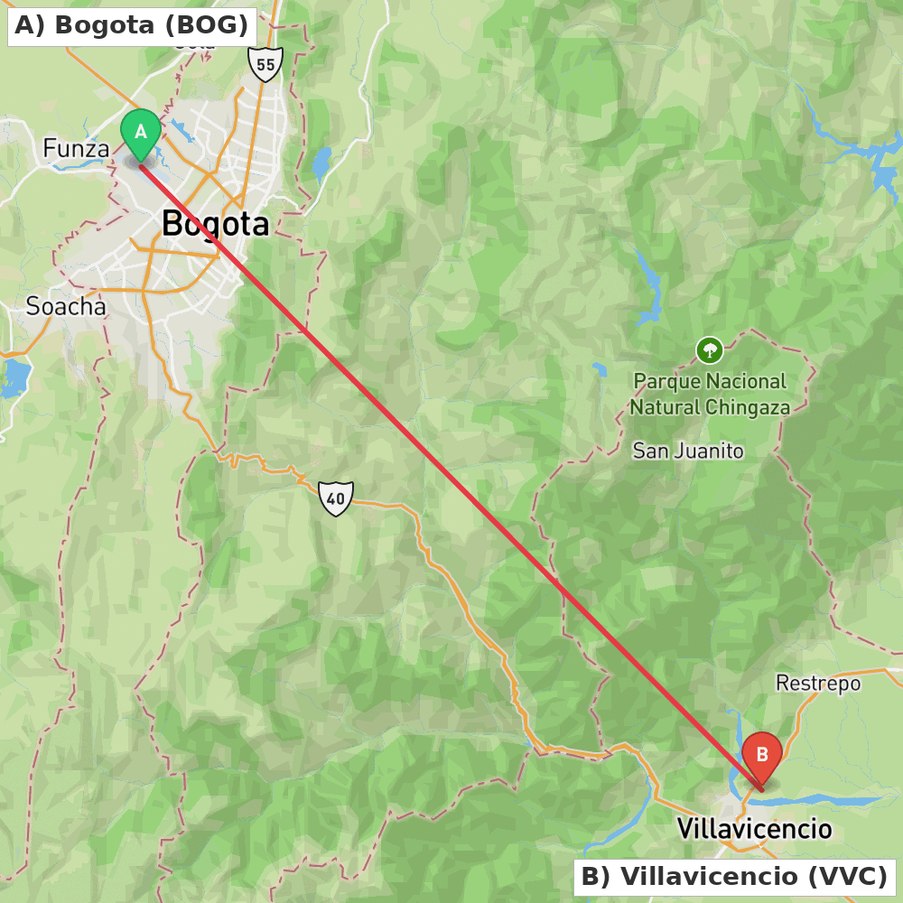Flight route map from Bogota to Villavicencio