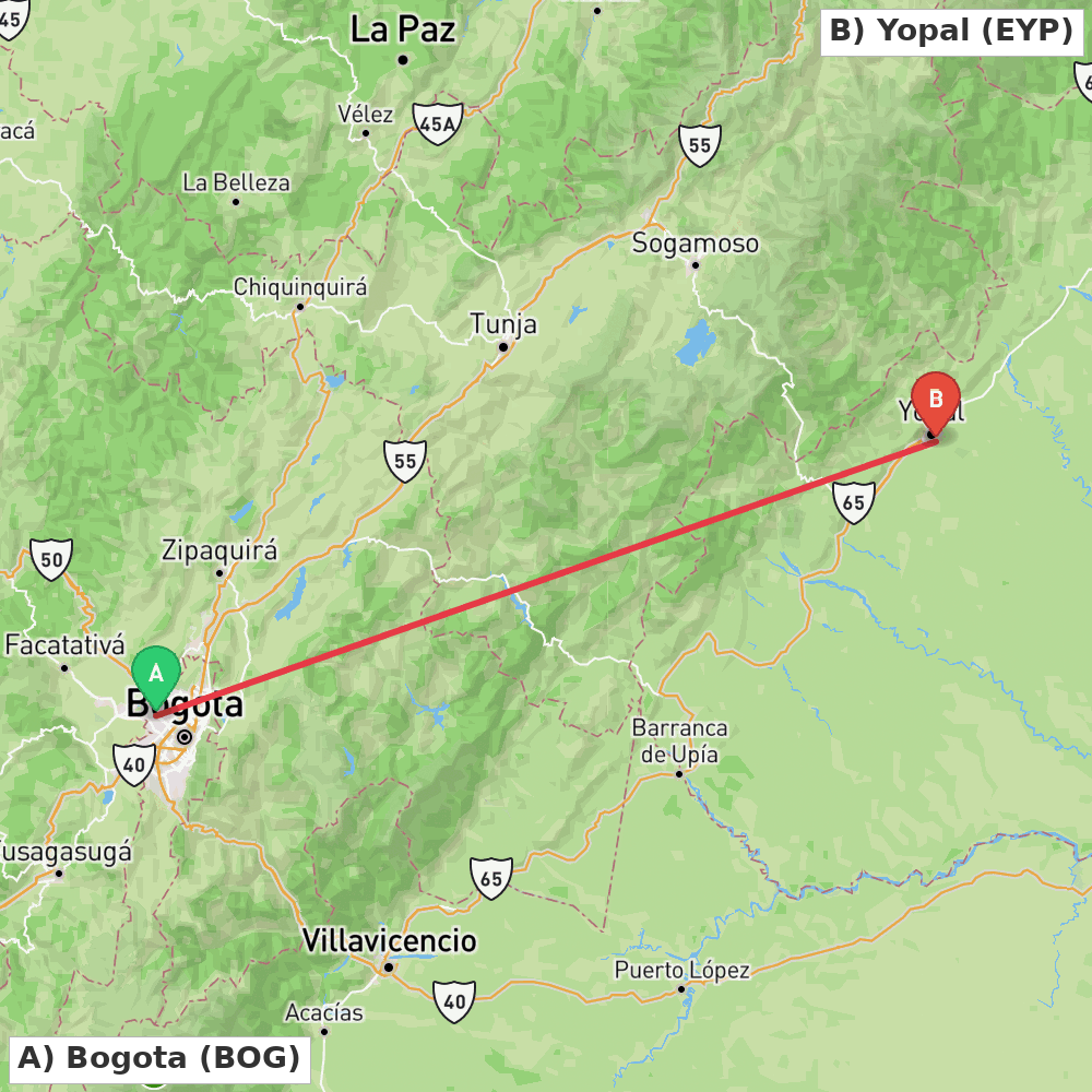 Flight route map from Bogota to Yopal