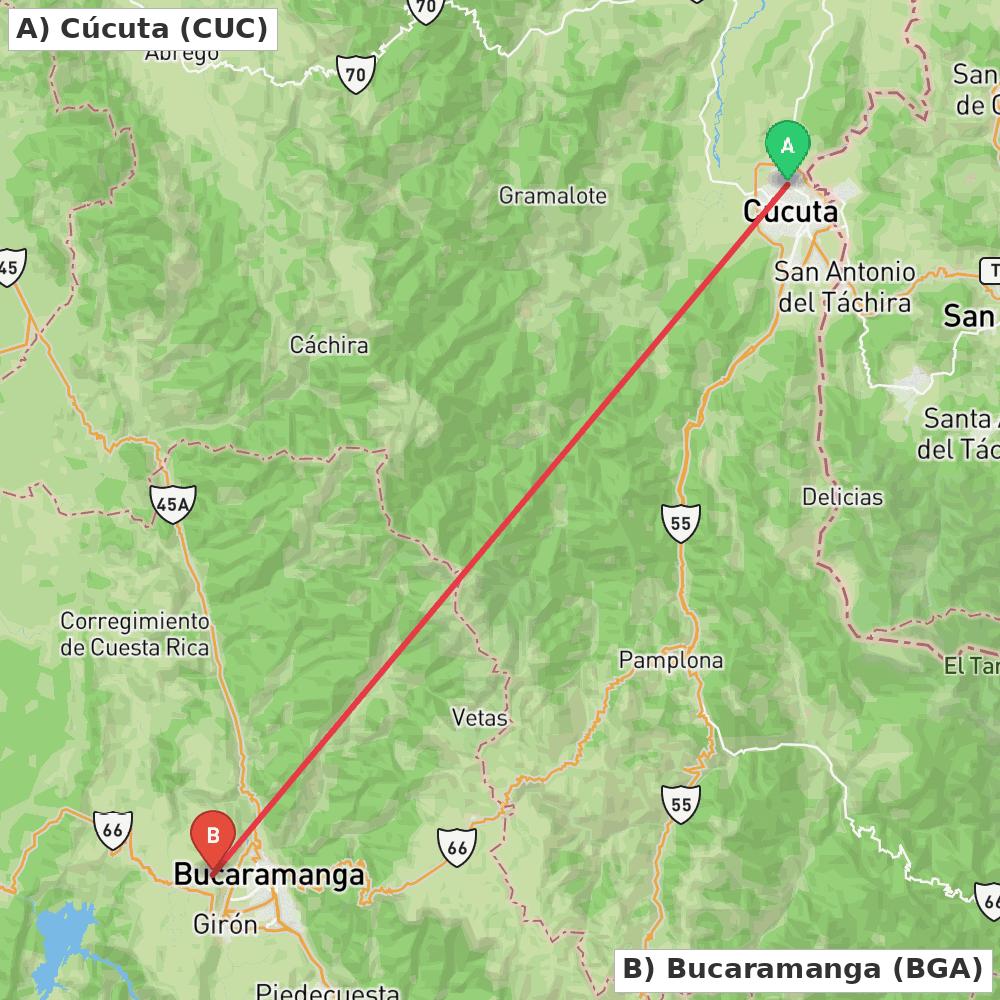 Flight route map from Cúcuta to Bucaramanga