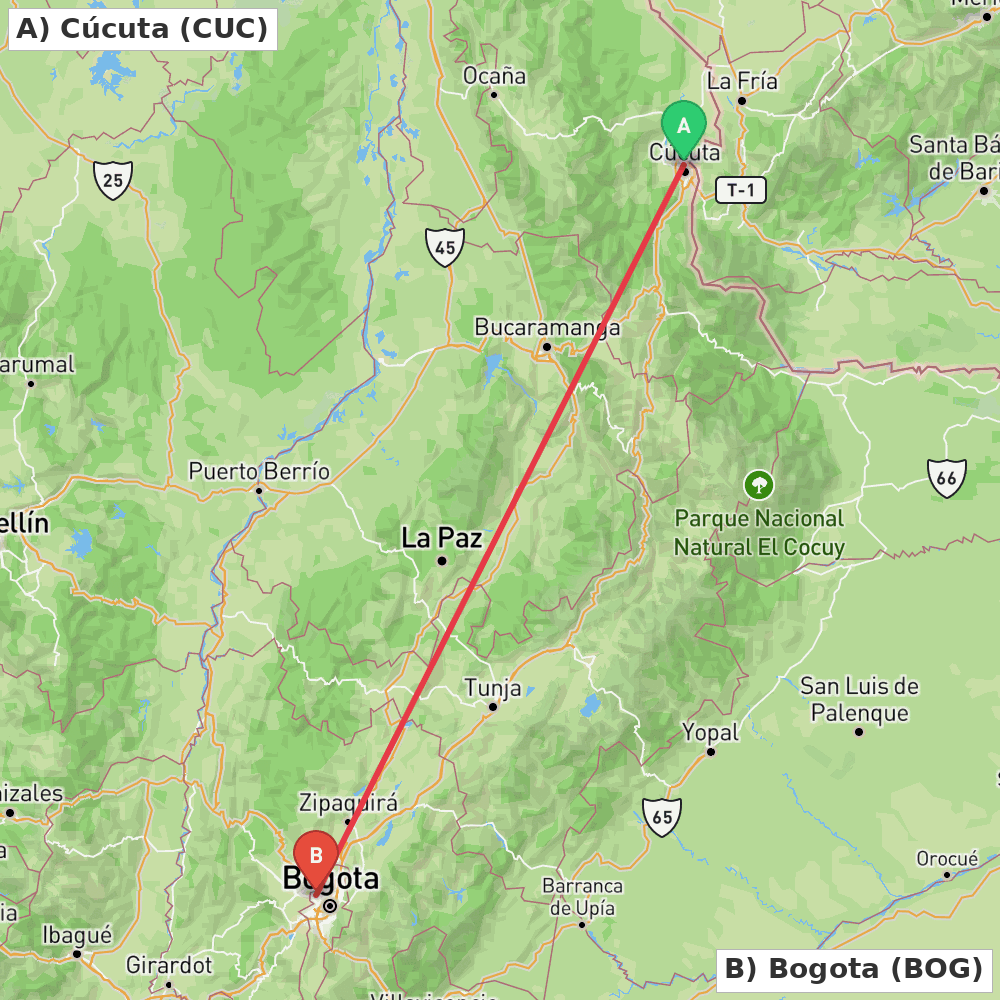 Flight route map from Cúcuta to Bogota
