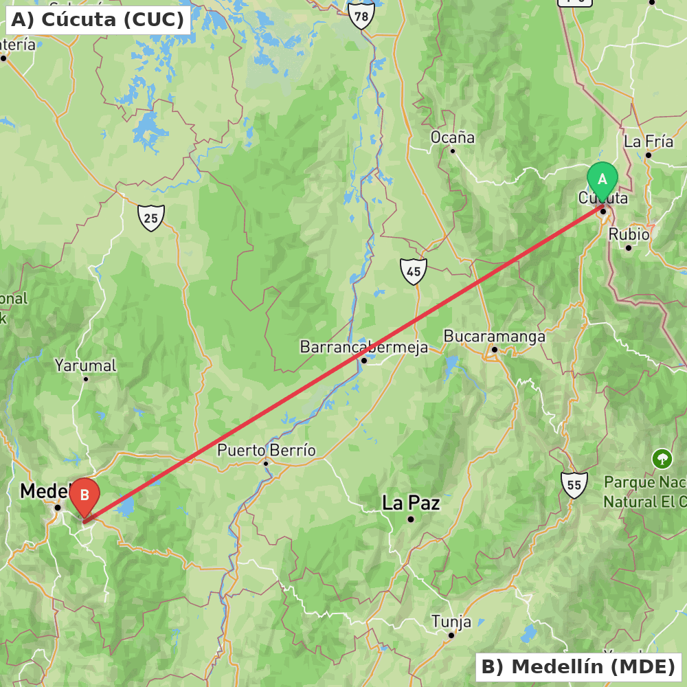 Flight route map from Cúcuta to Medellín