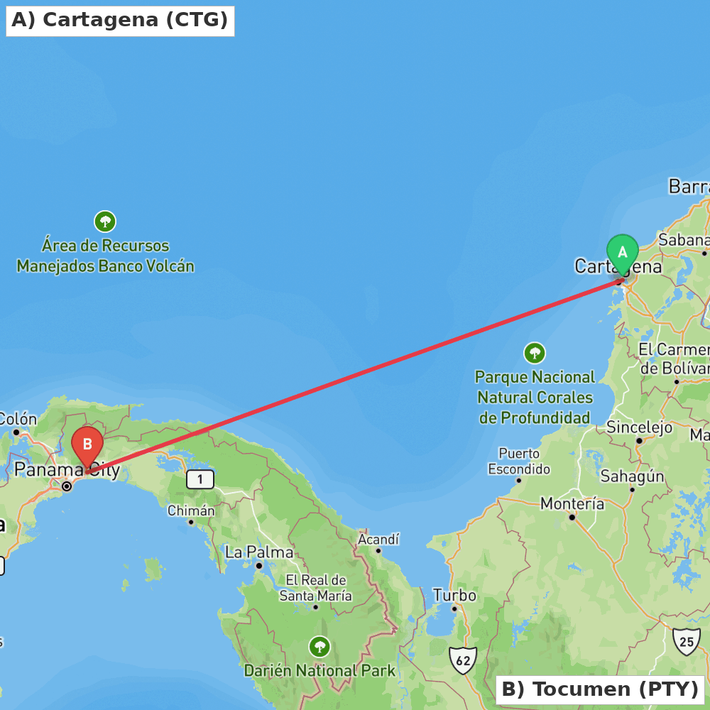Flight route map from Cartagena to Tocumen