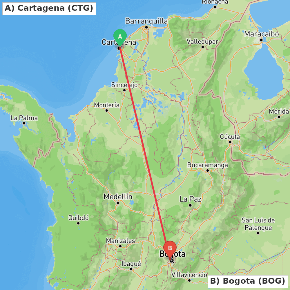 Flight route map from Cartagena to Bogota