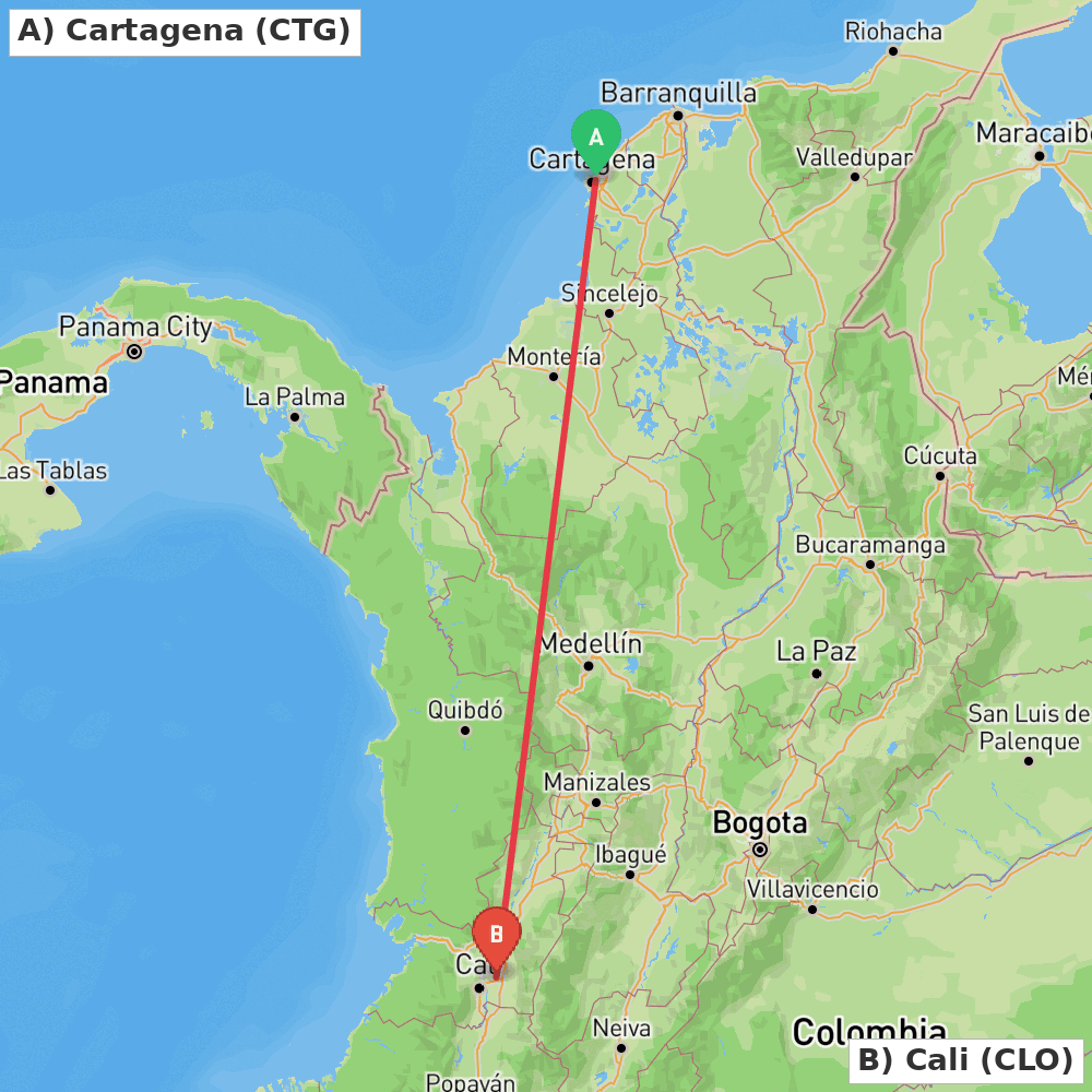 Flight route map from Cartagena to Cali