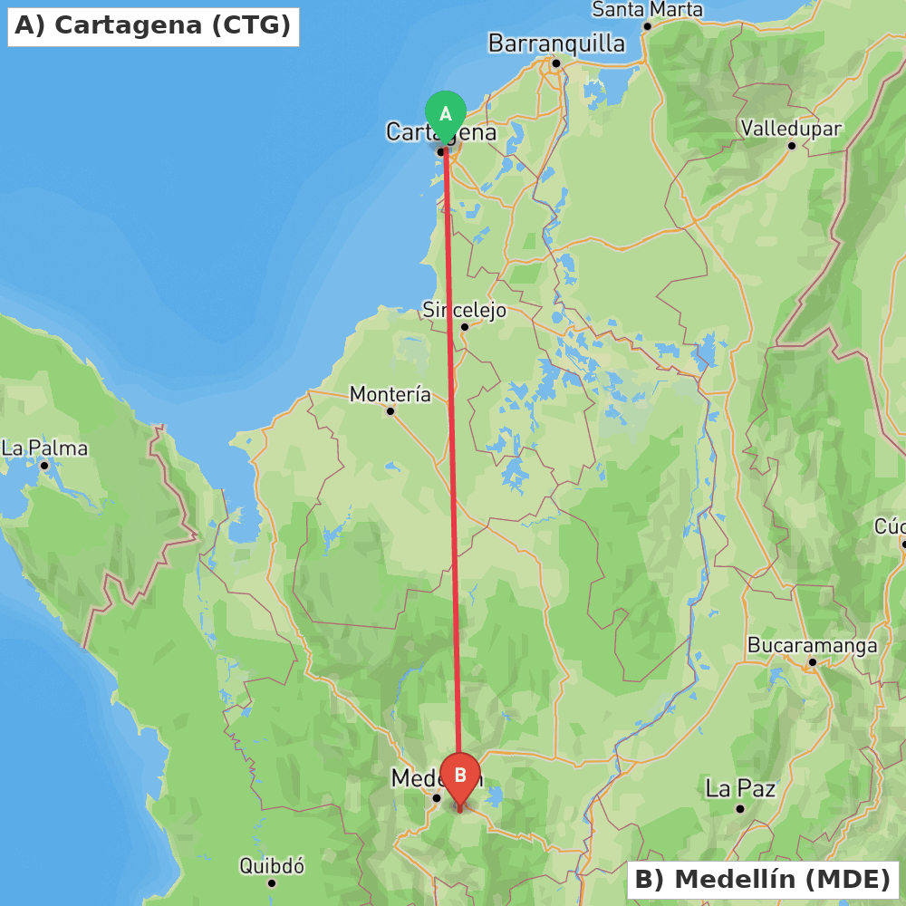 Flight route map from Cartagena to Medellín