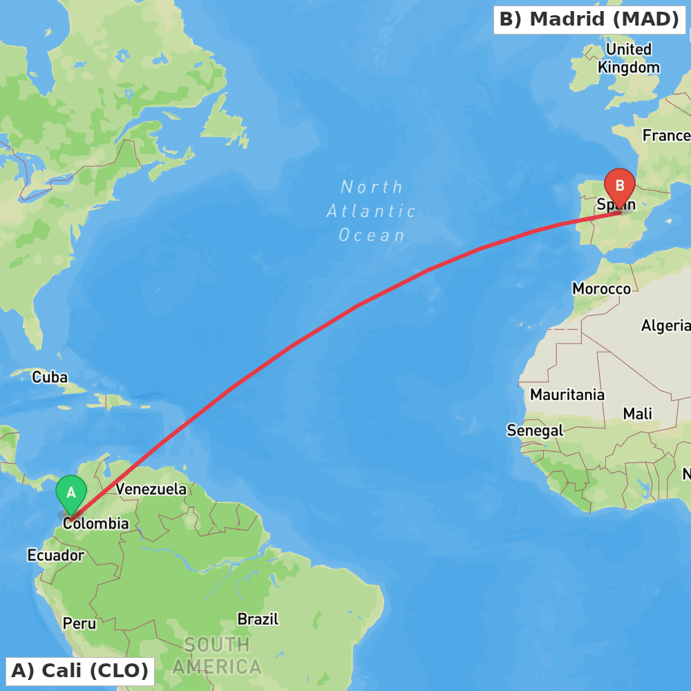 Flight route map from Cali to Madrid