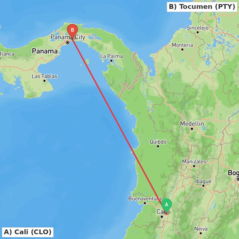 Flight route map from Cali to Tocumen