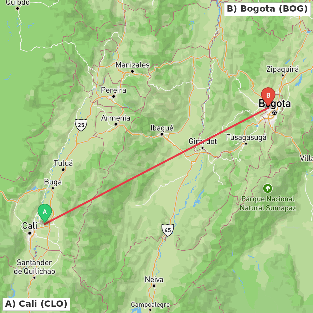 Flight route map from Cali to Bogota
