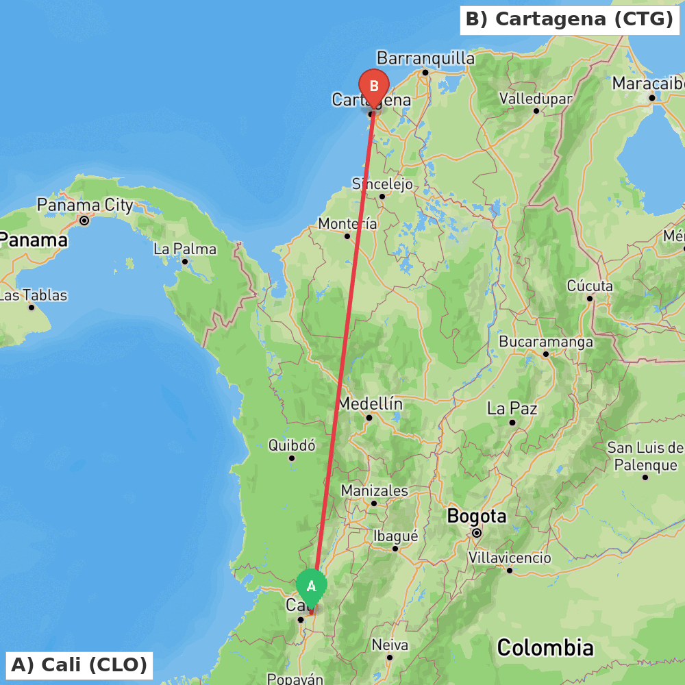 Flight route map from Cali to Cartagena
