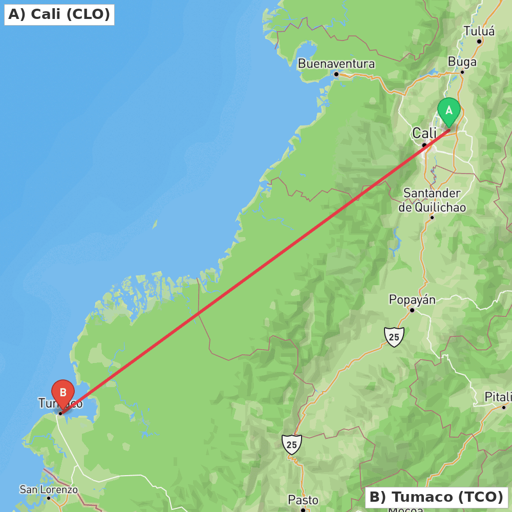 Flight route map from Cali to Tumaco