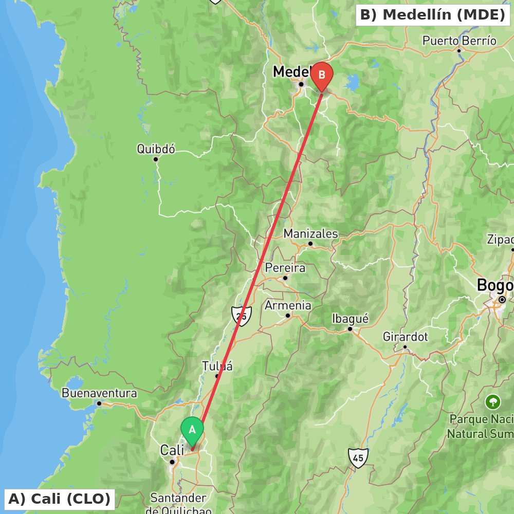 Flight route map from Cali to Medellín