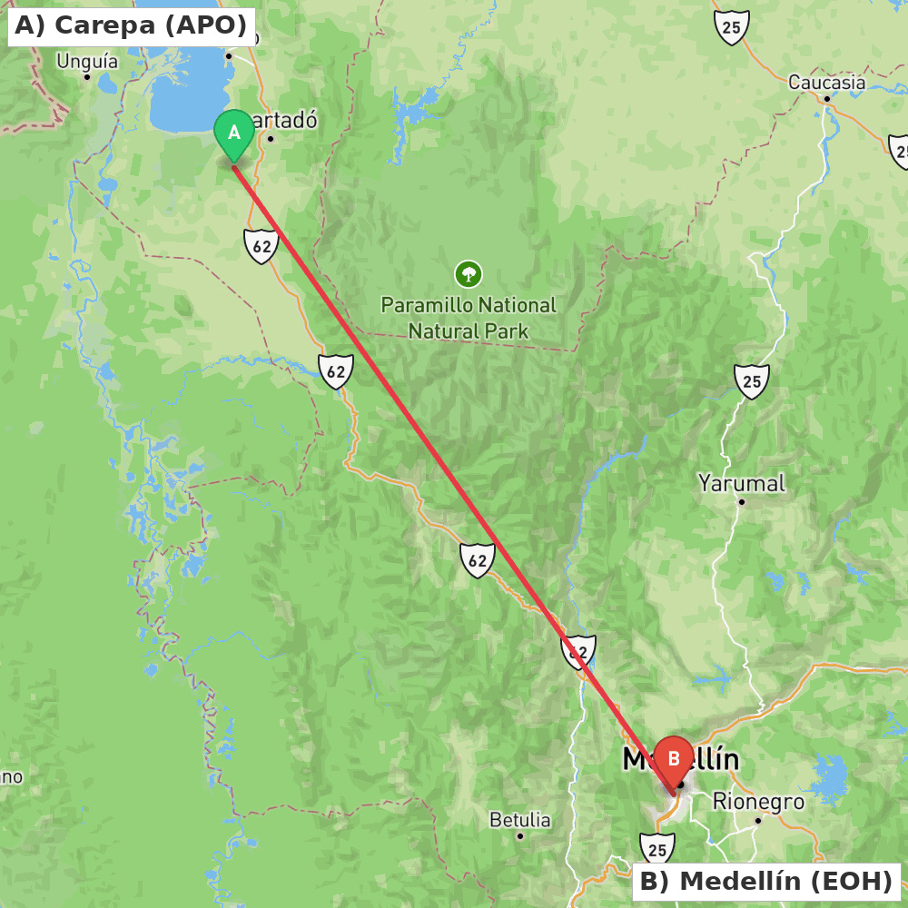 Flight route map from Carepa to Medellín