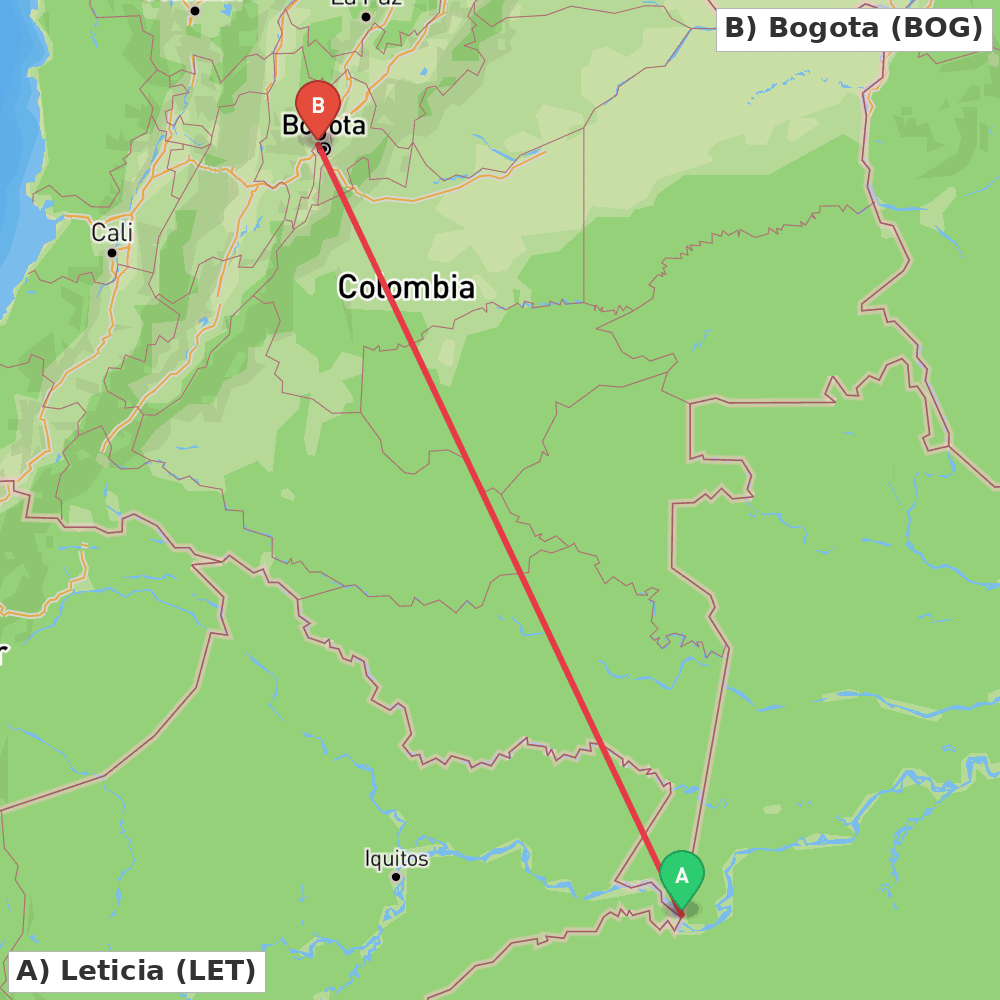 Flight route map from Leticia to Bogota