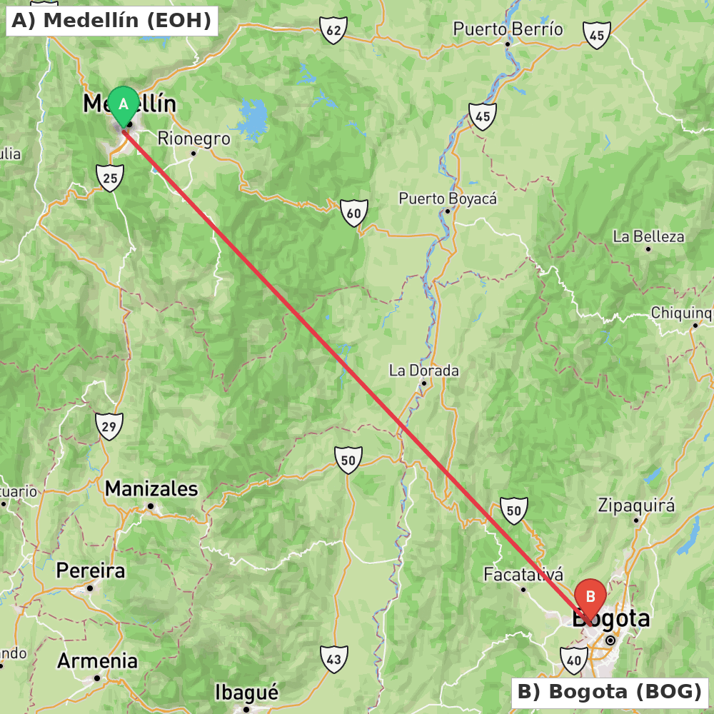 Flight route map from Medellín to Bogota