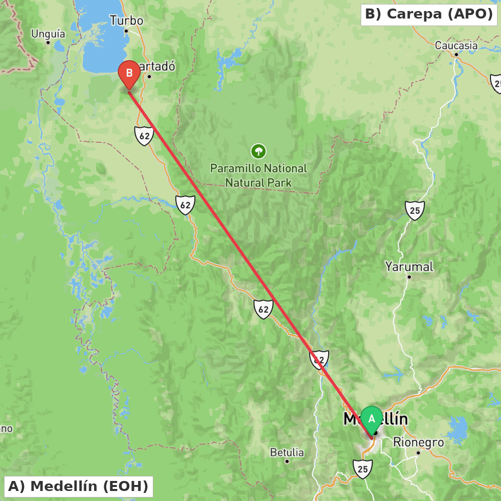 Flight route map from Medellín to Carepa