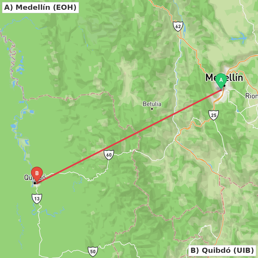 Flight route map from Medellín to Quibdó