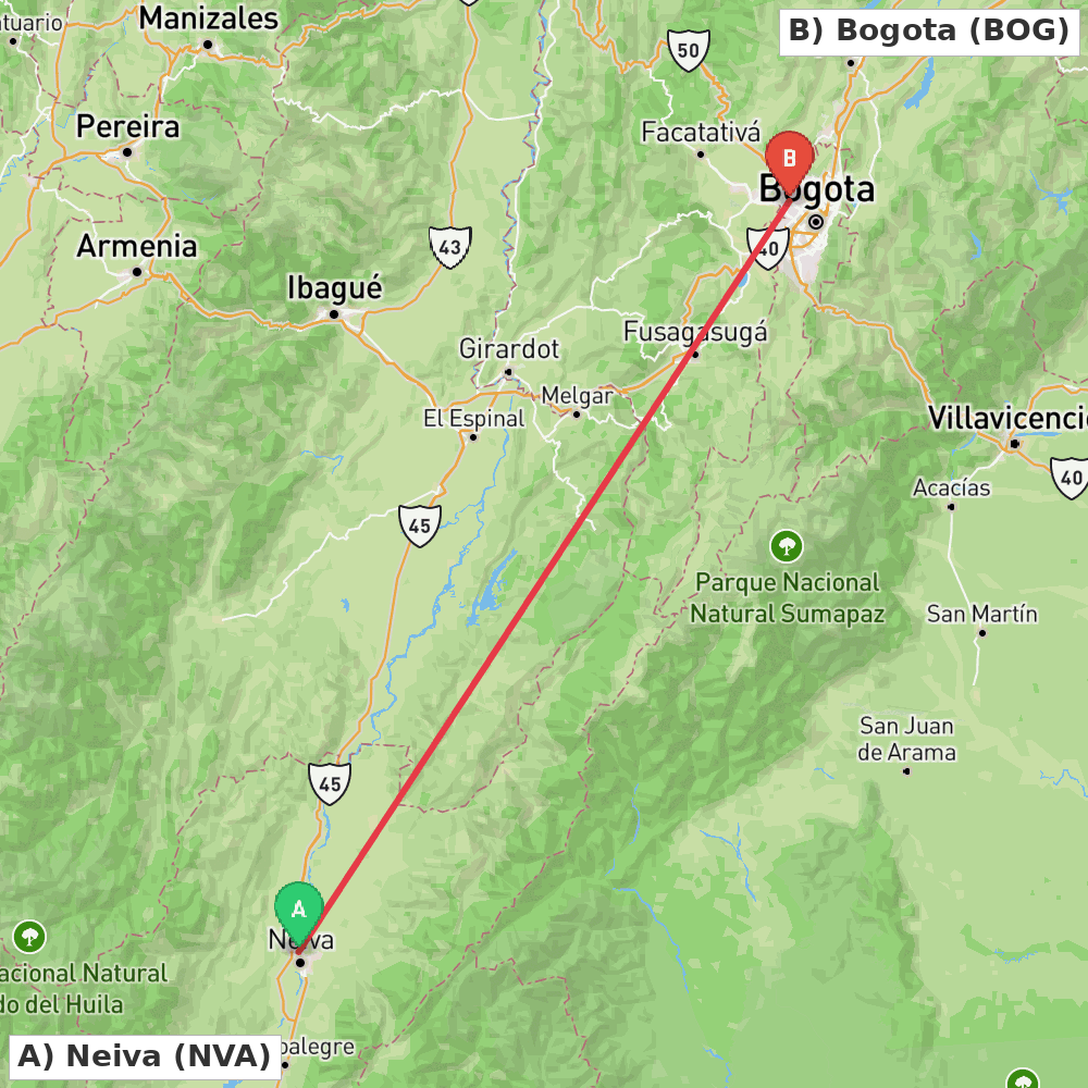 Flight route map from Neiva to Bogota