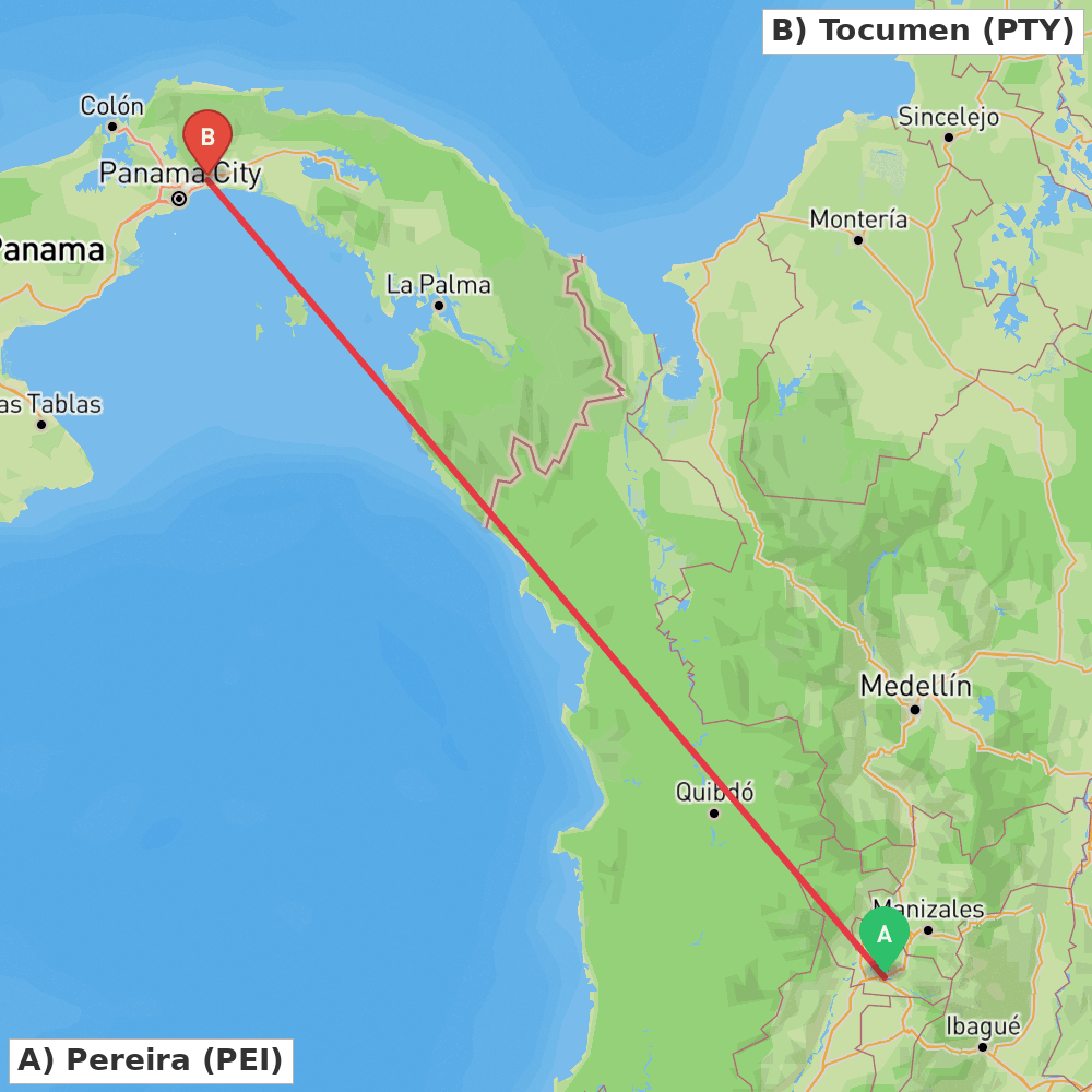Flight route map from Pereira to Tocumen
