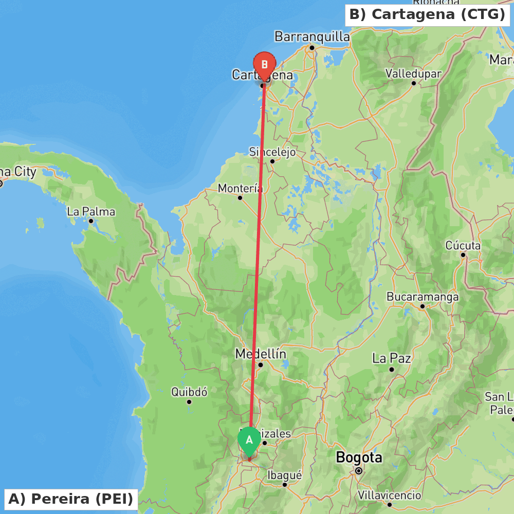 Flight route map from Pereira to Cartagena