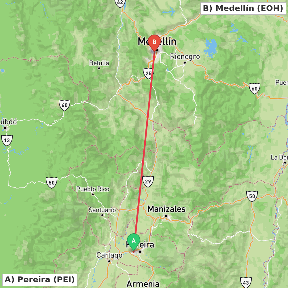 Flight route map from Pereira to Medellín