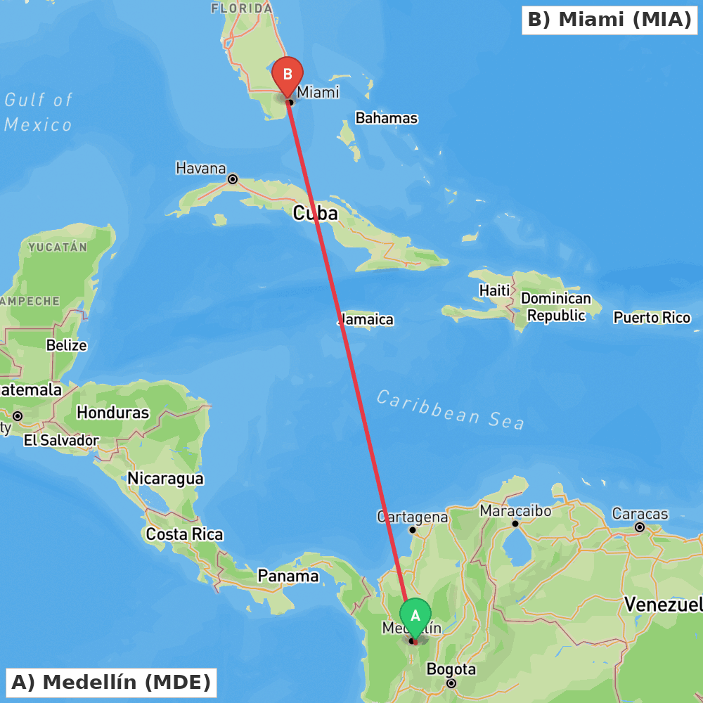 Flight route map from Medellín to Miami