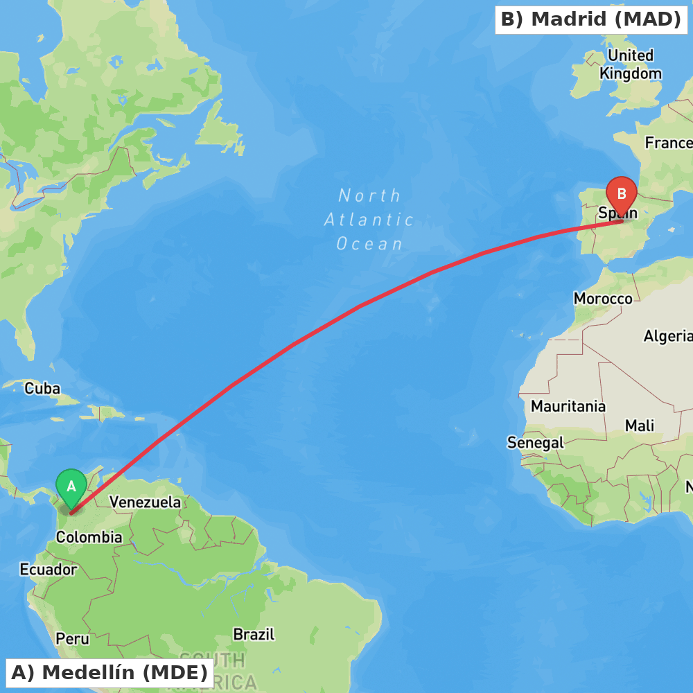 Flight route map from Medellín to Madrid
